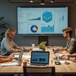 Four men on a team engaging in continuous product discovery in a conference room with laptops and a big screen
