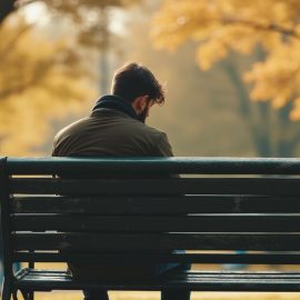 A sad man sitting on a park bench while other people walk by illustrates the question, "What is complicated grief?"