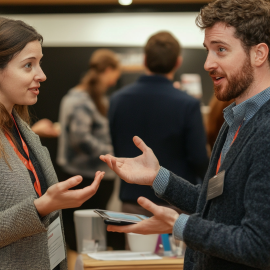 A salesperson pitching a product to a woman at an event, explaining the advantages of a network marketing business