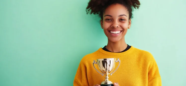 A smiling woman holding a trophy in a meritocracy society