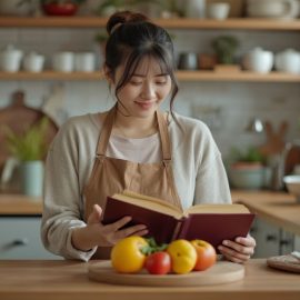 A smiling woman wearing an apron and reading a book in a kitchen