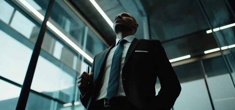 A businessman holding a dry erase marker and practicing strategic leadership
