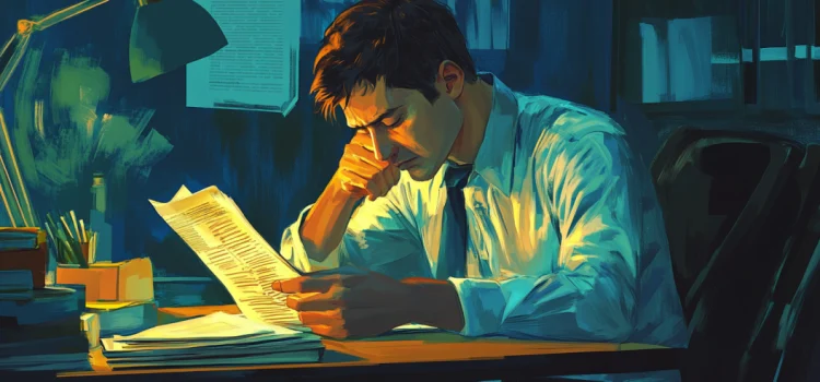 How to Overcome Challenges at Work: Competition & Transitions A man stressed out by paperwork at his desk, who needs to learn how to overcome challenges at work