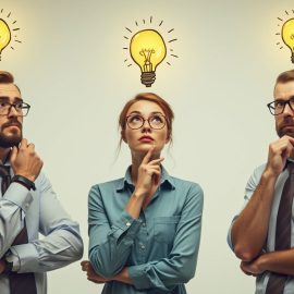 Three professional people thinking with light bulbs above their heads illustrates product brainstorming