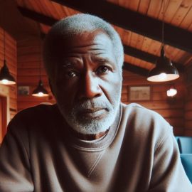 A sad man with gray hair and beard sitting in a booth in a cabin-style restaurant