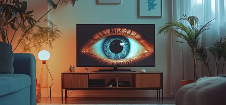A TV in a living room with an image of an eye on the screen, signifying that smart TVs are collecting data