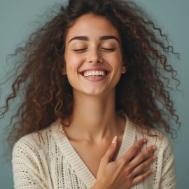 A woman smiling, closing her eyes, and holding her hand over her heart illustrates finding your true desires