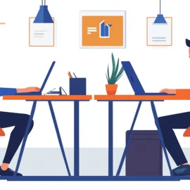 A cartoon of a woman and a man working across from each other in an open workspace illustrates the gender pay gap in 2023