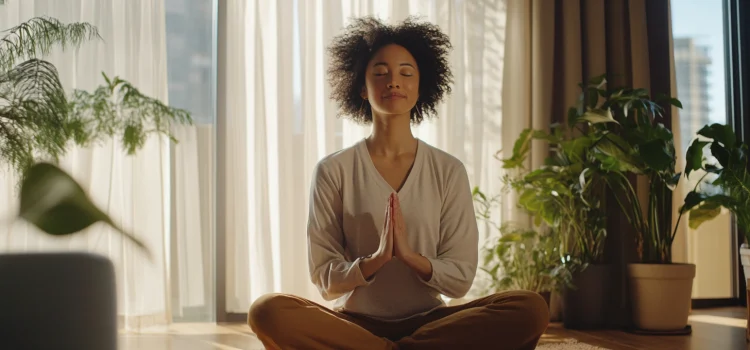 How Social Mindfulness Can Solve the World’s Biggest Problems A woman feeling the power of mindfulness while meditating