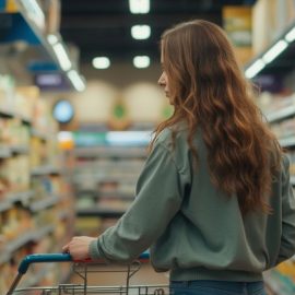 A woman shopping in the canned goods aisle of a grocery store illustrates batch cooking on a budget