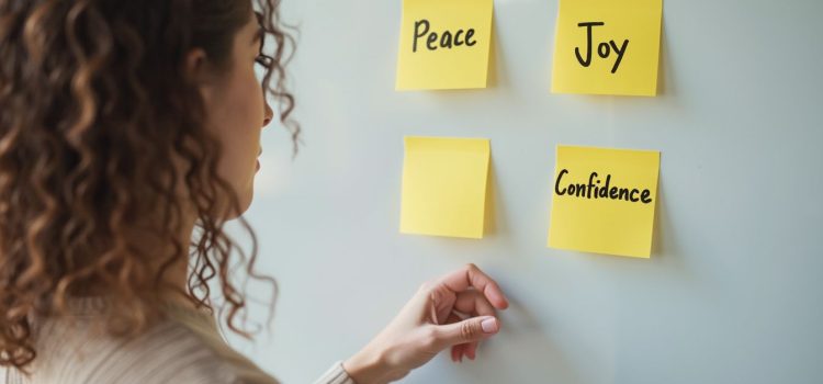 A woman looking at sticky notes on a white board that say "Peace," "Joy," and "Confidence" illustrates core desired feelings