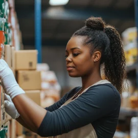 A woman volunteering at a food bank after choosing her life task, based on Alfred Adler's theory