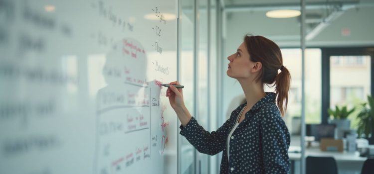 How to Identify & Test Product Assumptions A woman looking thoughtfully at writing on a whiteboard in an office illustrates identifying and testing product assumptions