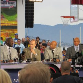 The hosts of *Inside the NBA* (Ernie Johnson Jr., Charles Barkley, Kenny Smith, and Shaquille O'Neal) on opening night (2015)