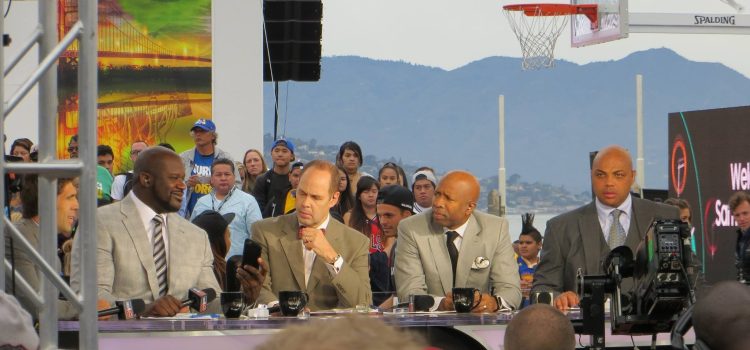 The hosts of *Inside the NBA* (Ernie Johnson Jr., Charles Barkley, Kenny Smith, and Shaquille O'Neal) on opening night (2015)