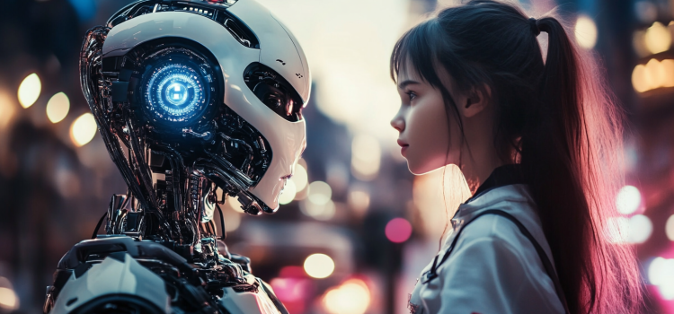 An AI robot and a human child looking at each other illustrates the balance of AI and human agency