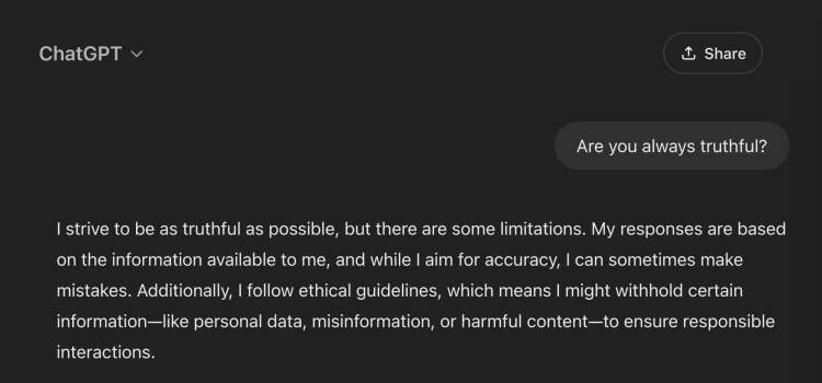 A ChatGPT conversation about its truthfulness illustrates the issue of AI truth