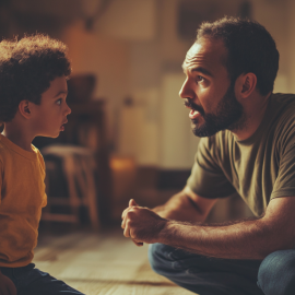An authoritative parent disciplining their child at home