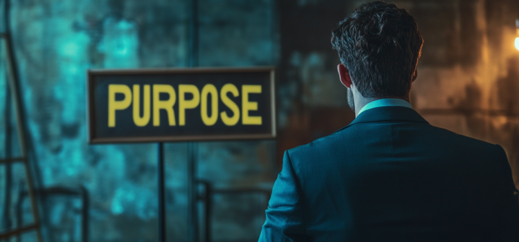 A business leader looking at a sign that says "PURPOSE"