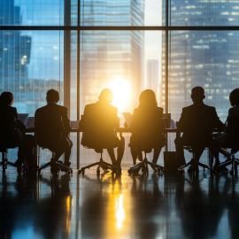 People in silhouette in a conference room with a cityscape through the windows illustrates pre- and post-money valuation