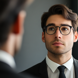 A businessman looking into a mirror and learning how to embrace his flaws