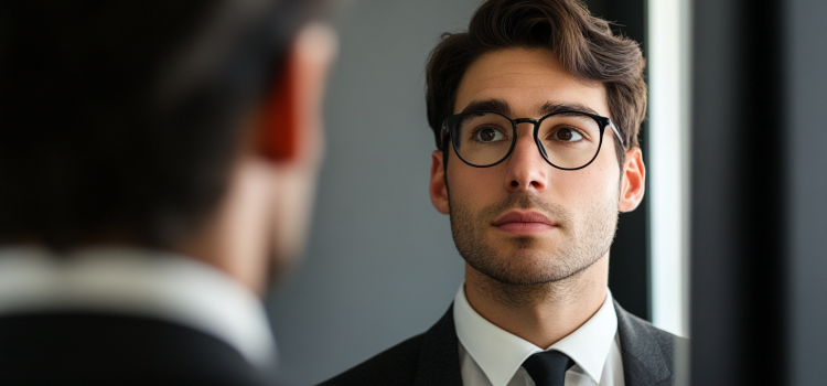 How to Embrace Your Flaws to Become the Best Leader Possible A businessman looking into a mirror and learning how to embrace his flaws