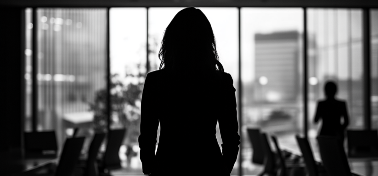 A silhouette of a professional woman in an office illustrates a successful businesswoman's story