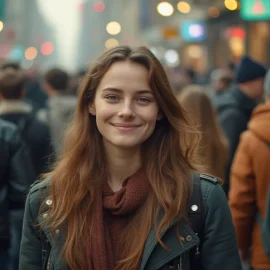 A calm and confident young woman with long red hair standing in a crowd bustling around her illustrates Stoic indifference