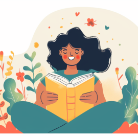 A cartoon drawing of a smiling woman with black hair and surrounded by flowers reading a book