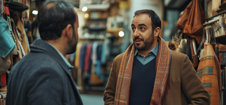 A salesperson getting to know a customer in a coat shop
