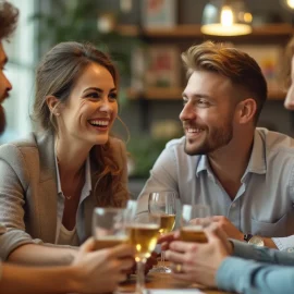 Two couples talking and laughing at a table in a restaurant illustrate intrapersonal and interpersonal intelligence
