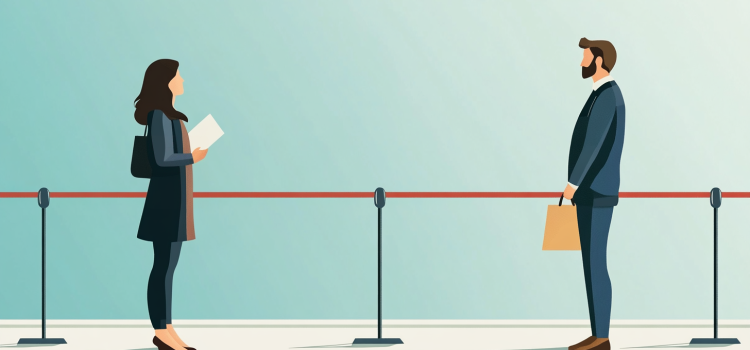 A customer and salesperson standing far apart, symbolizing gap selling