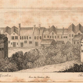 A print from Abraham Ortelius' atlas depicting the Globe Theatre and the Bear Garden represents Shakespeare’s life in London
