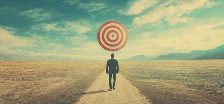 A man walking toward a target in the middle of nowhere, trying to follow through on goals