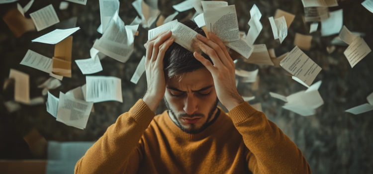 Why We Forget Things: Lisa Genova Explains Memory Failures A man holding his head and looking down while papers fly all around illustrates why we forget things (memory failures)