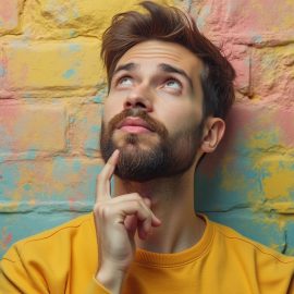 A man looking up and trying to remember something illustrates the question, "What are the different types of memory?"