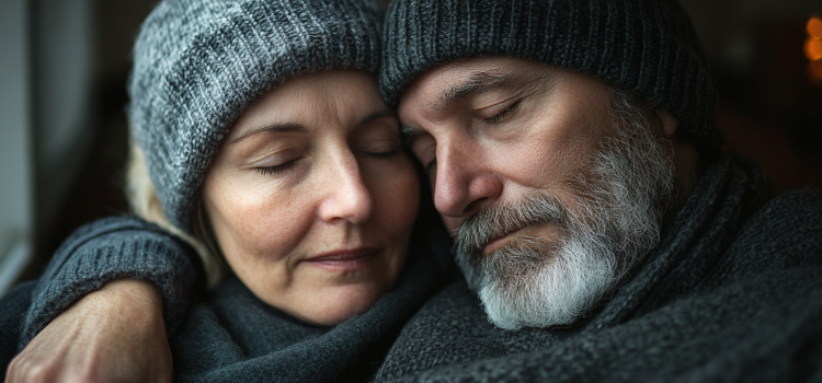 A couple wearing winter attire dealing with cancer and marriage