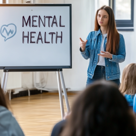 A teacher giving a lecture about mental health awareness in schools