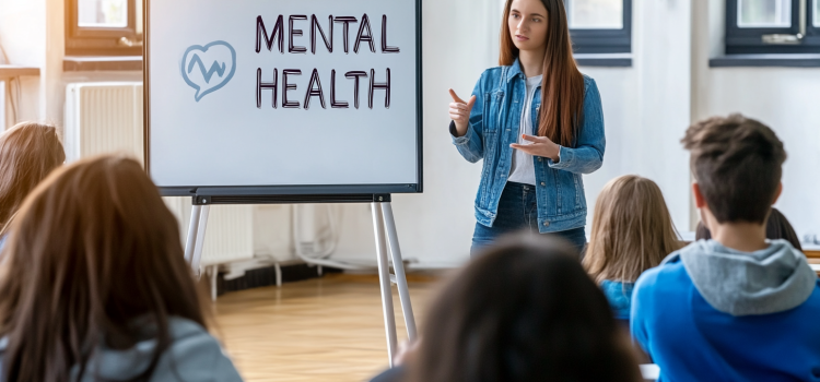 A teacher giving a lecture about mental health awareness in schools