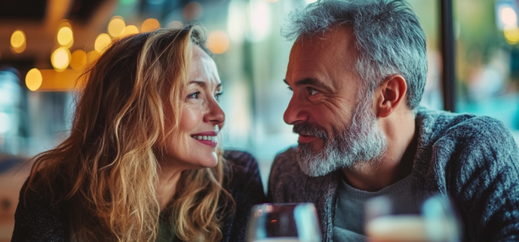 A middle-aged couple dating after spouse's death at a restaurant