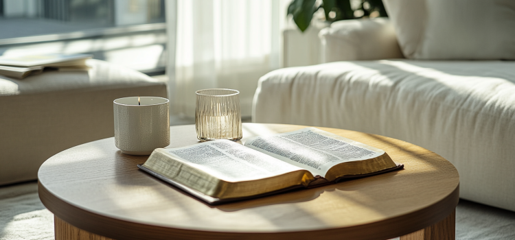 An open Bible on a coffee table illustrates the role of religion in a person's life