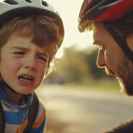 A father trying to raise a resilient child by talking to them after a bike accident