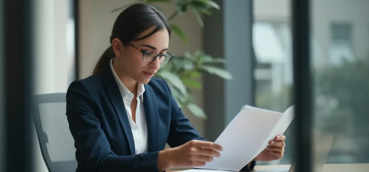 How to Manage an Acquisition Offer: Grasp These 2 Concepts A professional woman reading a document in an office illustrates how to manage an acquisition offer