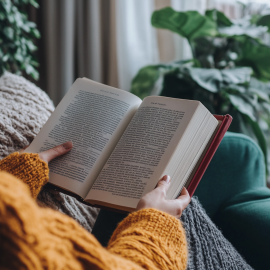 A woman reading a book on the couch