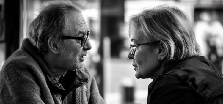 Two older people having a serious talk and showing how to have effective conversations