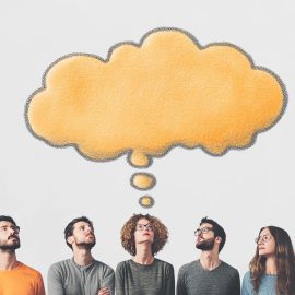 A group of people with one shared thought bubble over their heads illustrates intersubjective reality