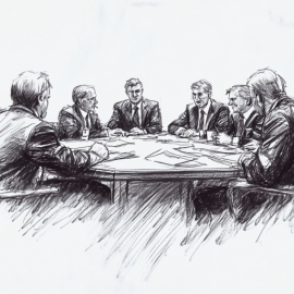 A sketch of six government leaders in business suits meeting around a table illustrates socialist leadership