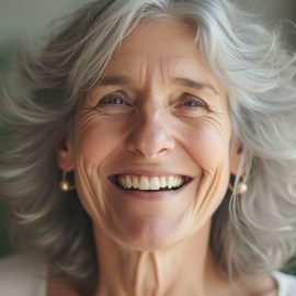 A smiling woman with gray hair and gold earrings illustrates that you should believe that you can achieve success