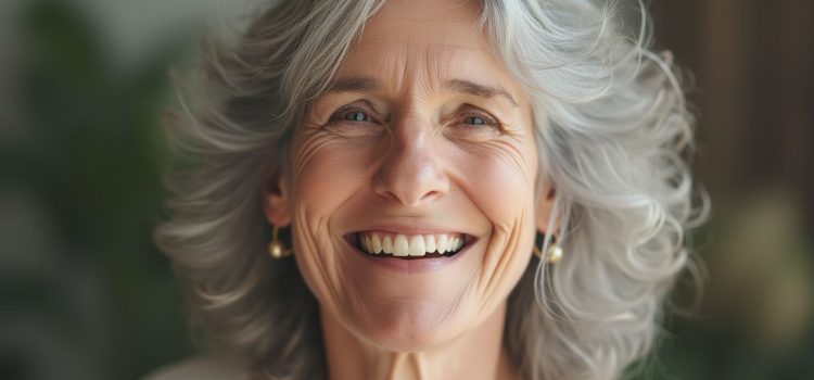 A smiling woman with gray hair and gold earrings illustrates that you should believe that you can achieve success