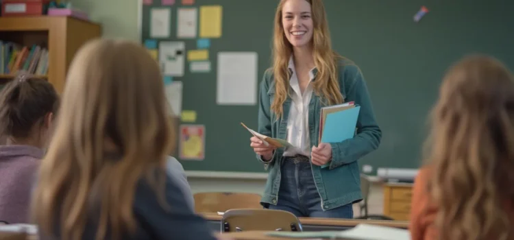 A smiling female teacher in front of her class in a classroom illustrates multiple intelligences in education